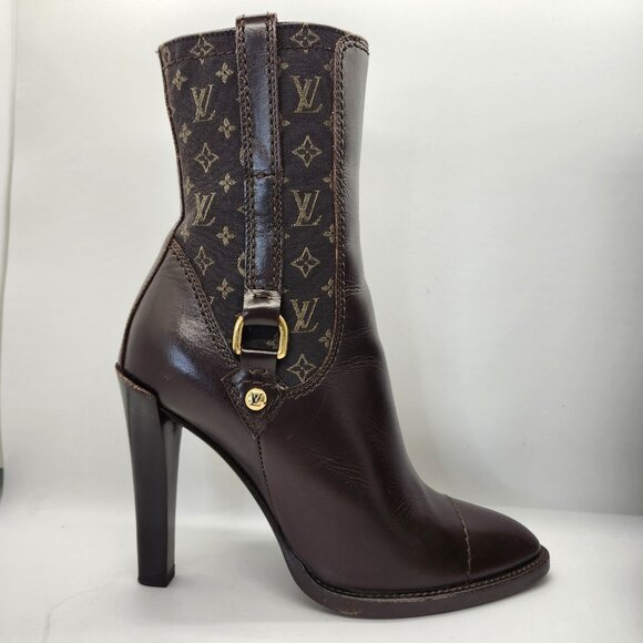 LOUIS VUITTON Brown Leather Mini Lin Jodie Monogram Ankle Boots, Size 35.5 5.5 - Picture 6 of 16